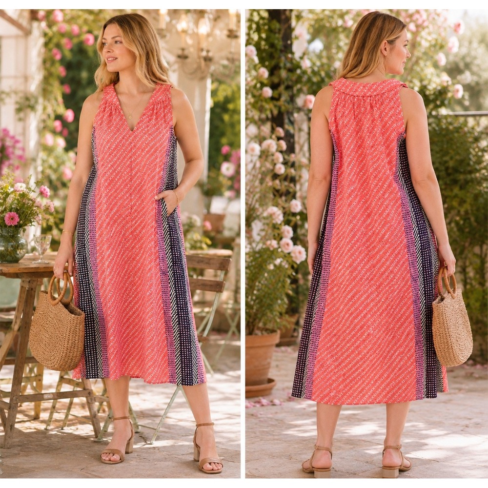 NIC+ZOE Coral Pink Geometric Print Cotton Midi‎ Dress Sleeveless Split Neck M
